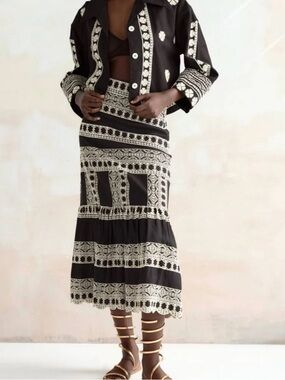 Zara Embroidered Midi Skirt | Size Medium | Black & Cream Boho Statement Piece
